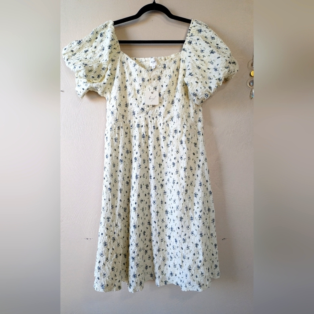 BERYL Boutique Cottagecore Dress, Puff Sleeves, Ruched Bodice, Floral Print, XL